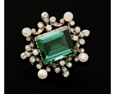 A late Victorian diamond, pearl and tourmaline brooch, the central rectangular step-cut tourmaline within a swag-style surrou