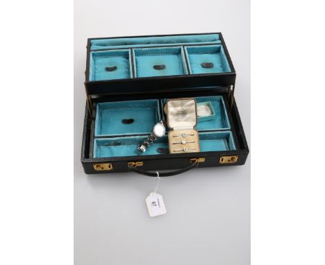 A suite of three enamelled bar brooches in a fitted case, together with a lady's stainless steel rotary wristwatch and a leat