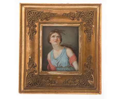 Legrand A portrait miniature half length study of a young muse looking skywards oil on ivory, signed 8.5 x 7cm
