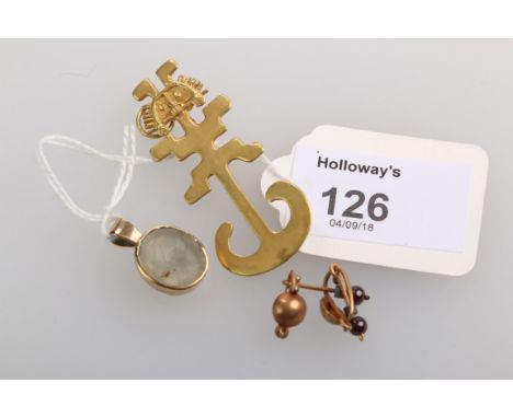 An intaglio engraved seal in later pendant mount, a South American Aztec brooch, and a pair of pendant earrings