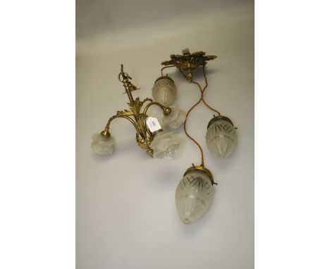 An Edwardian three light hanging electrolier with frosted shade, together with one other three light chandelier and a flambe 