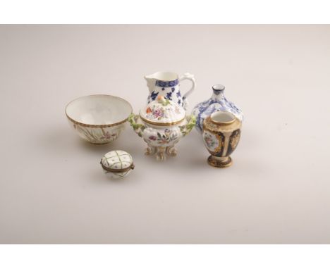 A 19th century German porcelain cabaret sugar and cover with pear finial, the lid and body painted with floral sprays and spr