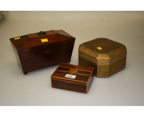A small Regency mahogany sarcophagus tea caddy, together with a Rajasthan pen worked box and cover and a Sorrento cigarette b