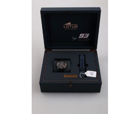 Lotus, a limited edition presentation wristwatch, the 93 Marc Marquez Chronograph with midnight blue dial baton numerals, thr