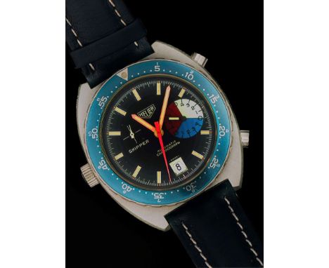 A gentleman's Heuer Skipper Automatic chronograph wristwatch, the tonneau shaped case with blued circular dial, colour coded 