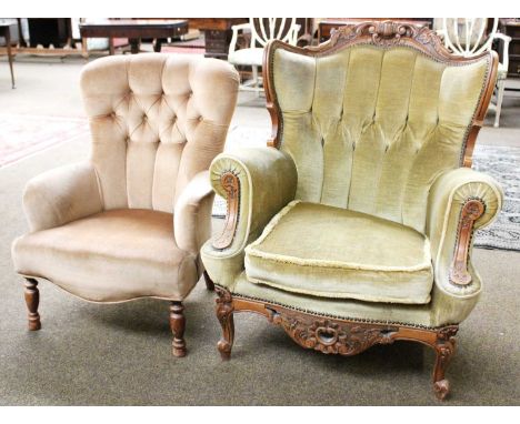 A Button Backed Nursing Chair, together with a futher button backed chait with carved walnut frame (2)