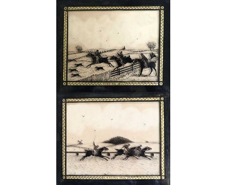 A Pair of Reverse Paintings on Glass, under glass entitled racing and hunting, dated 1826