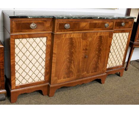 A Mid-19th Century Style Marble Topped Break-front Sideboard, three frieze drawers over two central panel doors flanked by tw