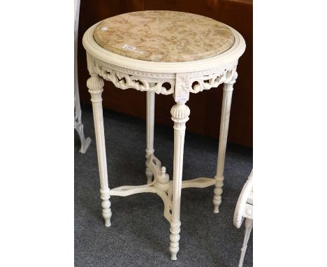 A White Painted Circular Lamp Table with Marble Top, 48cm by 72cm