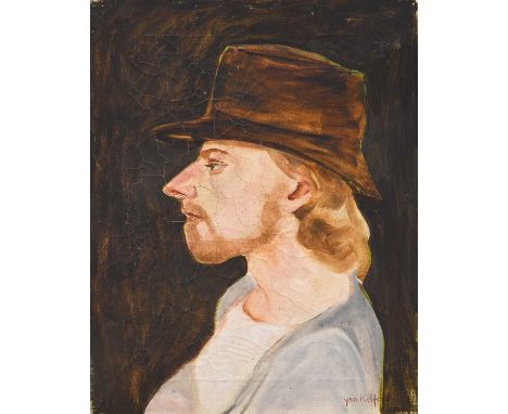 Yankel Feather (1920-2009)Portrait of a man in profile wearing a brown hatSigned, oil on canvas, 45.5cm by 35.5cm (unframed)