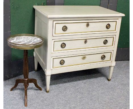 A Parcel Gilt Grey Painted Three Heilght Chest Of Drawers 77cm by 49cm by 74cm, together with a brass galleried marble topped