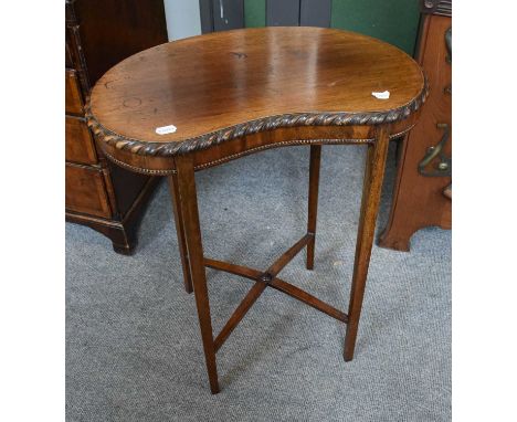 A 20th Century Georgian Style Pie Crust Top Table, a small open armchair and a reniform lamp table