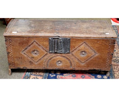 A Carved Oak 18th Century Six Panel Kist Coffer, 99cm by 38cm by 47cm