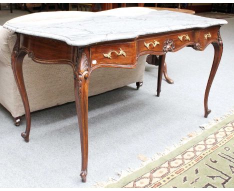 A French Style Simulated Rosewood Marble Top Console Table, with serpentine front, single drawer and on shell carved scroll s