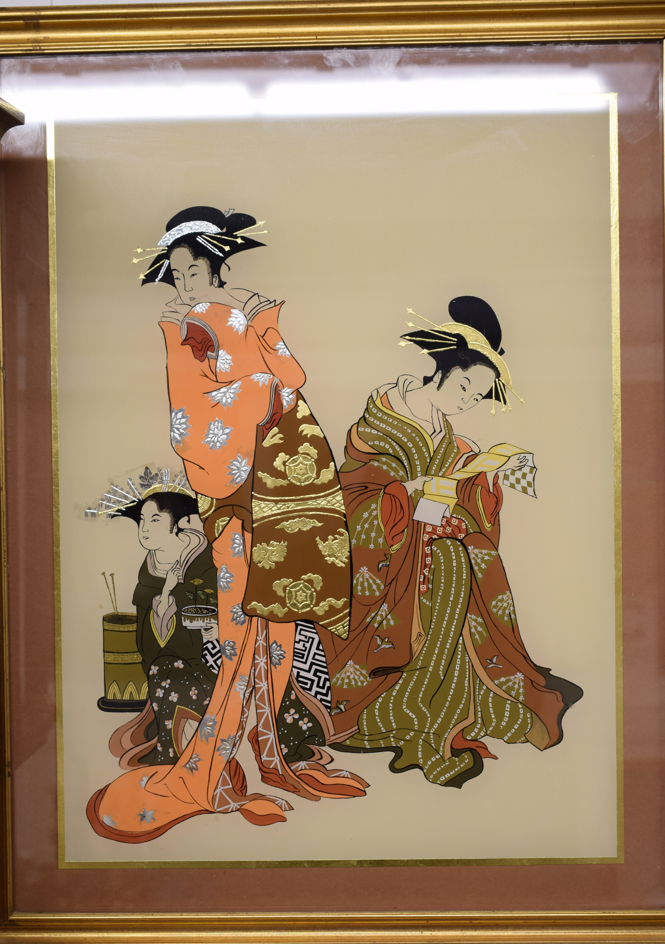 Vintage Japanese Reverse Painting On Glass Of Geishas Vintage Japanese Reverse Painting On Gl