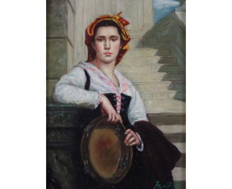Frei, Mia -20.Jh.- Portrait einer jungen Frau in süditalienischer Tracht vor mächtiger steinerner Treppe, Öl auf Holz, rechts