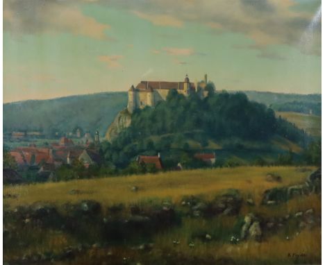 Preiss, Karl (1885 - 1960) - Hügellandschaft mit Festung, Öl auf Leinwand, unten rechts signiert "K. Preiss", verso nummerier
