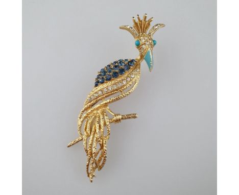 Vintage-Vogelbrosche - FLORENZA / USA, 2.Hälfte 20.Jh., in Form eines Paradiesvogels auf einem Ast, vergoldetes Metall, Besat