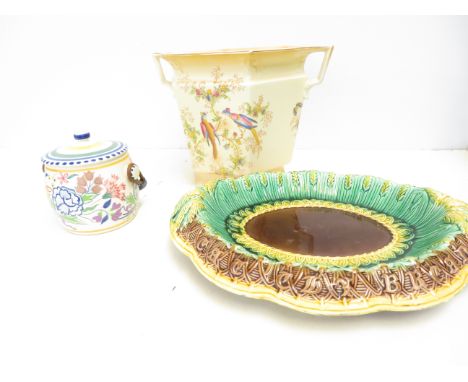 Poole biscuit barrel, crown ducal planter &amp; majolica bowl 