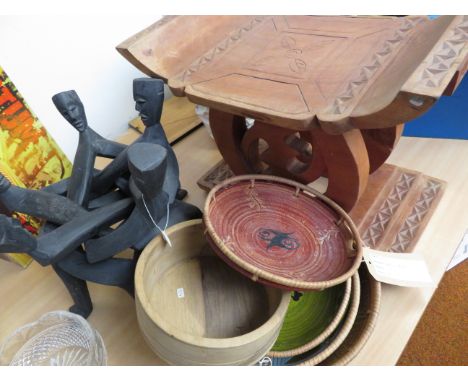African plant stand, African dishes together with a carved foot stool 