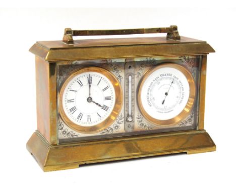 An early 20th Century brass cased timepiece/aneroid barometer with thermometer with enamelled twin dials, barometer dial sign