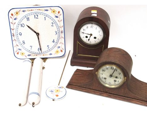 A Delft style ceramic twin weight driven striking wall clock with weights and pendulum. A small oak Napoleon hat mantel clock