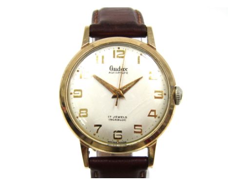 AUDAX: an Aquaprufe 9ct gold cased manual wind gent's wristwatch, silvered Arabic dial with centre seconds, case diameter 32m