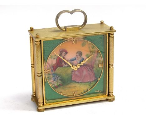 A 20th Century Imhof Swiss carriage timpiece with revolving bezel case and enamel picture dial, 15 jewel Swiss movement no. 1