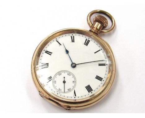 An early 20th Century gold plated open faced pocket watch, Roman enamelled dial with subsidiary seconds. Case diameter 50mm.