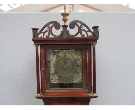 An early 18th century oak East Anglian longcase clock, brass 10" square dial with pierced steel single hour hand and corner c