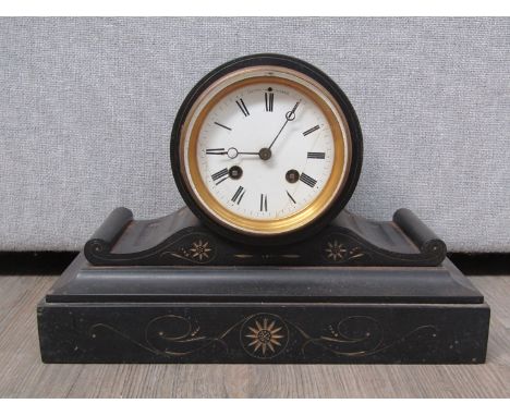 A Victorian slate mantel clock of drum form, Roman enamelled dial (a/f), 8 day striking movement with rack and snail strike o