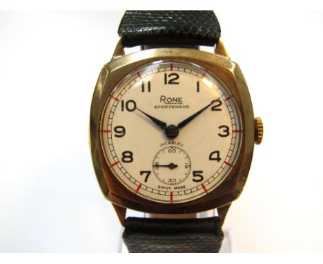 RONE: a "Sportsmans" 9ct gold cushion cased manual wind wristwatch, Arabic enamelled dial with blued steel hands and subsidia