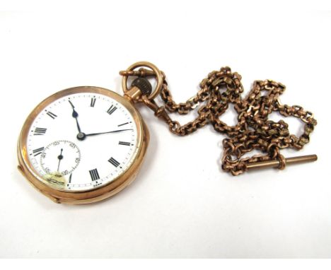 An early 20th Century 9ct gold open faced keyless wind pocket watch, Roman enamelled dial with subsidiary seconds (a/f), toge