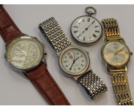 A Victorian lady's silver fob watch, Rotary and Swiss Army quartz watches, and a 1970's Uno automatic watch (4)
