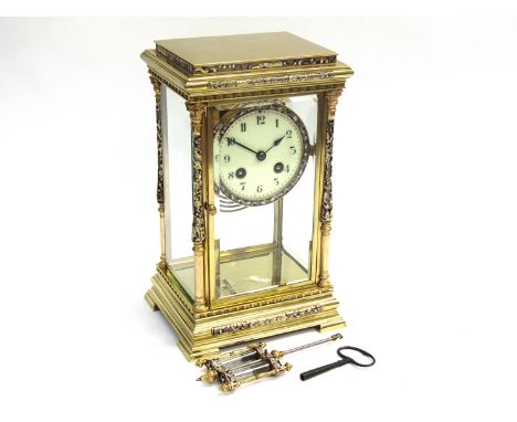 A 19th Century French four glass and brass cased mantel clock with champleve enamel decoration to case, pendulum and bezel (s