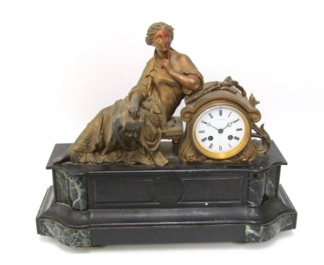 A 19th Century French slate, marble and gilt spelter figural mantel clock depicting seated maiden with sheet of music, Roman 