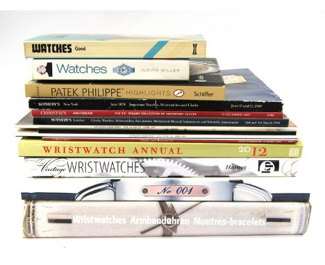 A collection of horological reference books and auction catalogues, including "Patek Philippe Highlights" (H. James), "Vintag