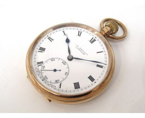 An early 20th century keyless 9ct gold open faced pocket watch, Roman enamelled dial with subsidiary seconds, signed JW Benso