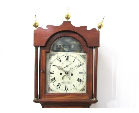 An early 19th Century mahogany longcase clock, 12" painted arched dial with swan automata connected to pallet arbor, subsidia