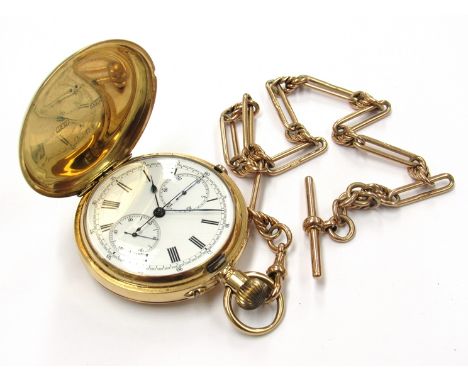 An early 20th Century 18ct gold full hunter chronograph pocket watch. Roman enamelled dial with seconds and 30-minute registe