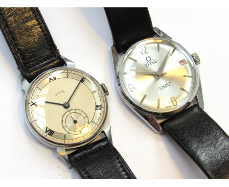 Two mid 20th Century stainless steel cased manual wind gents wristwatches - Smith's (31mm) and Titus (32mm) (2)