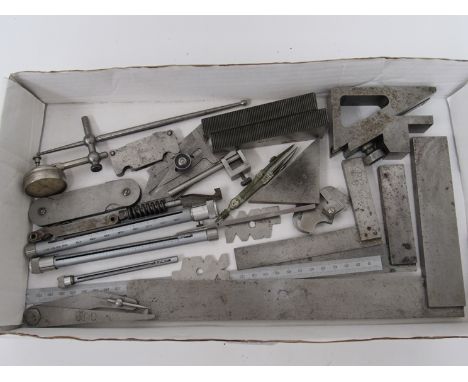 A collection of engineer's measuring tools and gauges including squares, rules, Matrix Conical taper hole gauges, etc