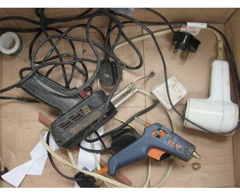 Two boxes of workshop power tools and bench lamps, soldering irons, small bench grinder, universal cutter etc.