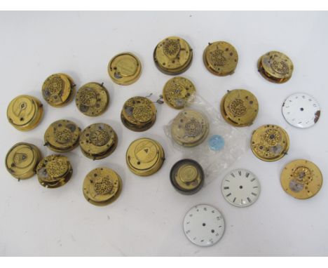 A collection of 18th and 19th Century pocket watch movements, mostly fusee driven, some with dials, various makers, a/f