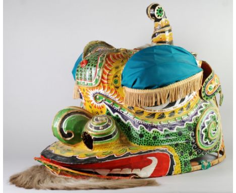 VINTAGE CHINESE DRAGON COSTUME, COMPRISING LARGE PAPIER MÂCHÉ HEAD WITH ELABORATE PAINTED DETAIL, HAND OPERATED FEATURES AND 