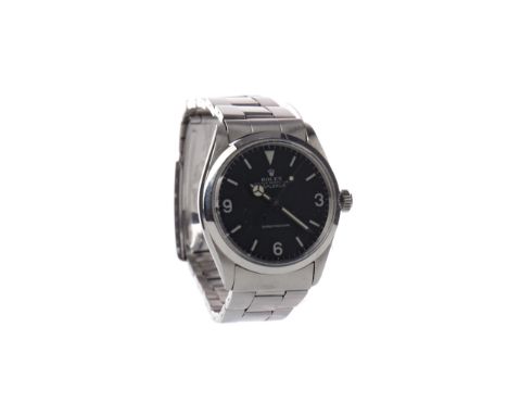 GENTLEMAN'S ROLEX EXPLORER STAINLESS STEEL AUTOMATIC WRIST WATCH, model 5500, dated 1964, the round black dial with lume bato