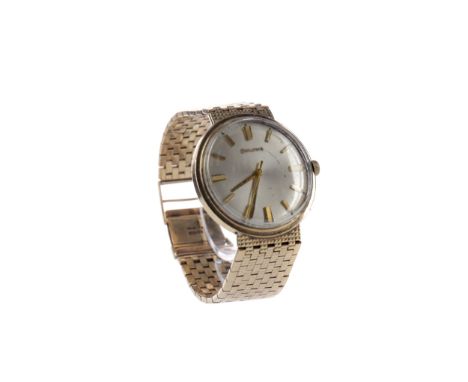 GENTLEMAN'S BULOVA NINE CARAT GOLD MANUAL WIND WRIST WATCH, the round cream dial with applied gold coloured baton hour marker