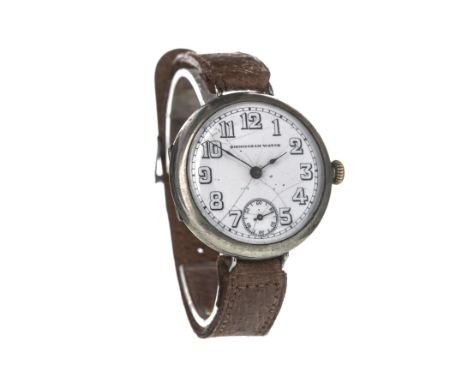 GENTLEMAN'S BIRMINGHAM WATCH STAINLESS STEEL MANUAL WIND WRIST WATCH, the round white dial with Arabic hour markers, outer se