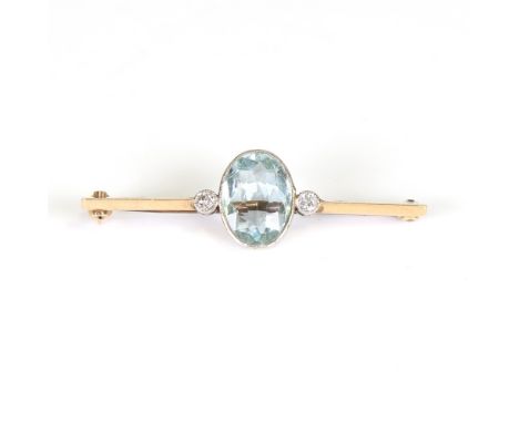 An early 20th century aquamarine and diamond bar brooch, unmarked gold set with oval mixed cut aqua with modern round brillia