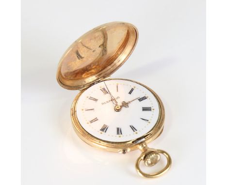 A Swiss 14ct gold full hunter fob watch, by Hesperus, white enamel dial with black Roman numerals and allover floral engraved